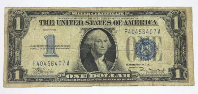 Series 1934 Blue Seal $1 Silver Certificate Note VERY GOOD  Fr#1606 Problem Free