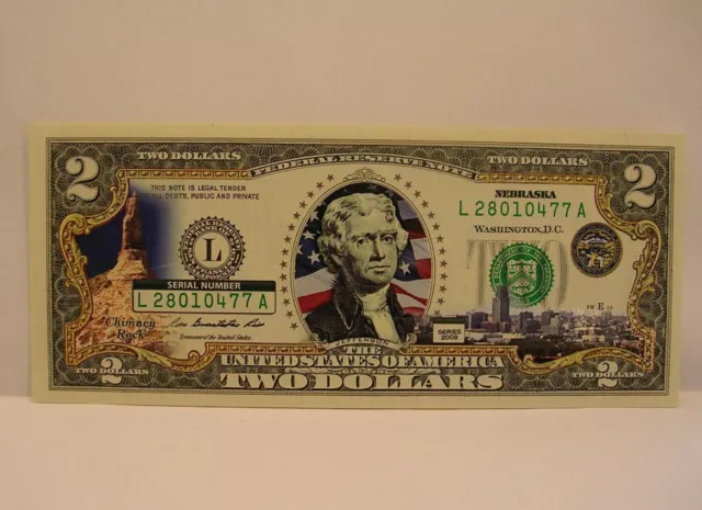 Nebraska $2 Two Dollar Bill - Colorized State Landmark - Uncirculated Authentic