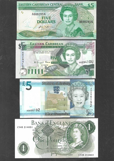 Lot 4 pcs Banknotes Queen Elizabeth II Eastern Caribbean, Great Britain, Jersey