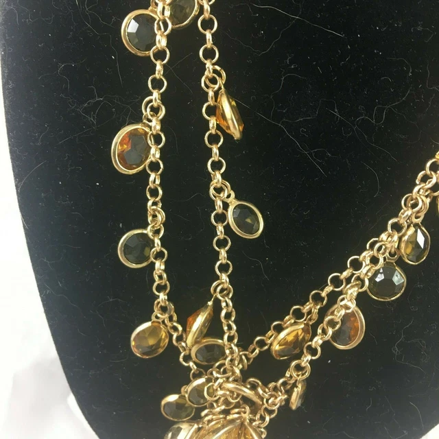 Charming Charlie Gold Tone Bead Necklace Rhinestone Leaves 16" w/ 3" extender US 3