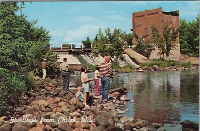 Chetek Wisconsin Fisherman Northern States Power Co Dam Chrome Vintage Post Card