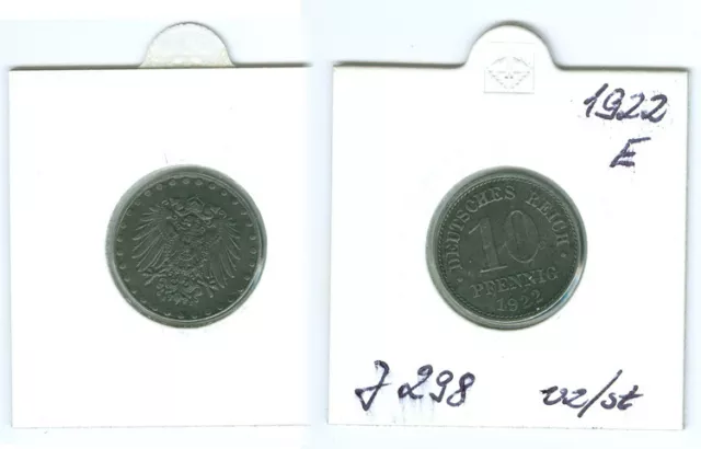 Ersatzmünzen 1. Weltkrieg 10 Pfennig 1922 E  vorzüglich bis stempelglanz