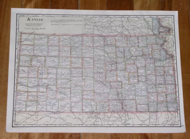 1917 Original Antique Map Of Kansas / Kentucky On Reverse Side