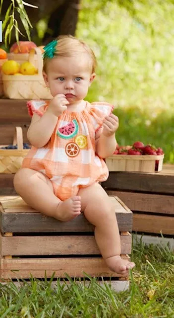 NEW! Mud Pie Baby Girls Check Summer Fruit Bubble Romper Sz 6-9 Mo Cotton Embroi