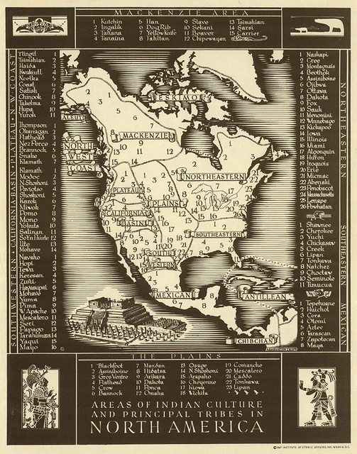 VINTAGE NORTH AMERICA Map of Native Indian Tribes CANVAS PRINT 24"X16 ...