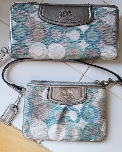 Rare Coach Gesso Signature Optic C Blue Green Zip Wallet & Wristlet Set