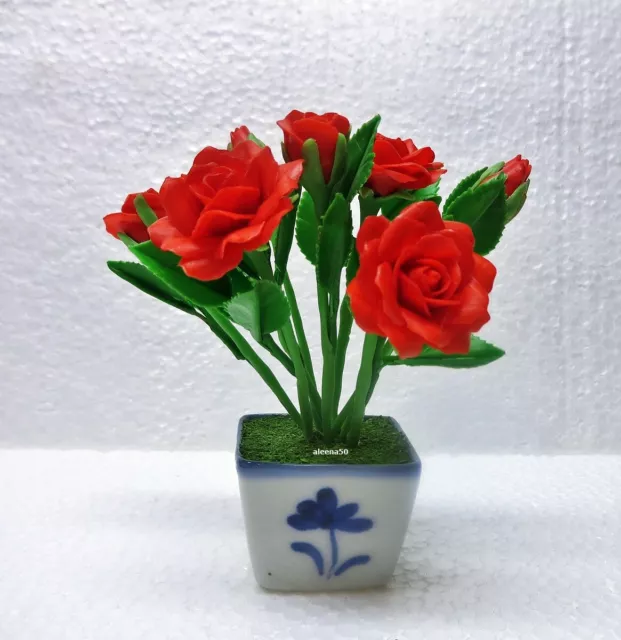 USA stock Handmade Dollhouse Miniature Clay Craft Red Roses in Ceramic Pot