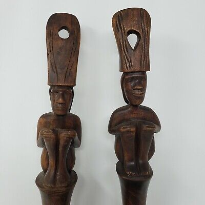 Pair of Vintage Carved Wood Igorot Philippines Figure Offering Bowl 19.5" 3