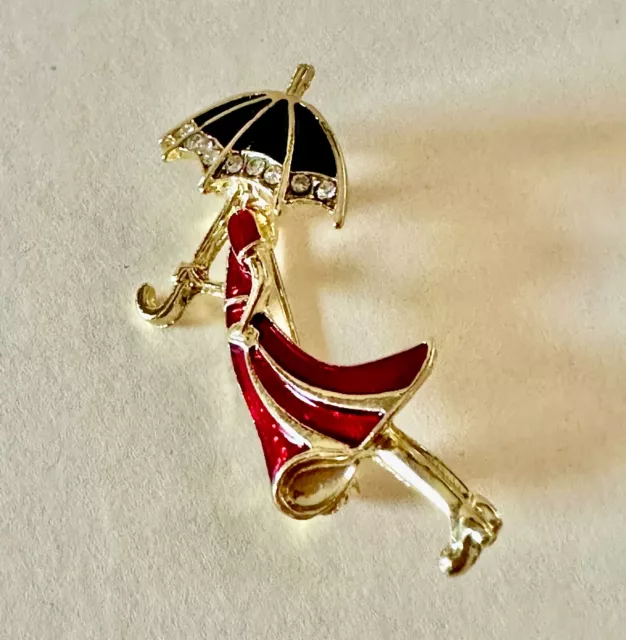 Rainy Day Girl Brooch Red Dress Black Umbrella Enamel Rhinestones Gold Tone 2"