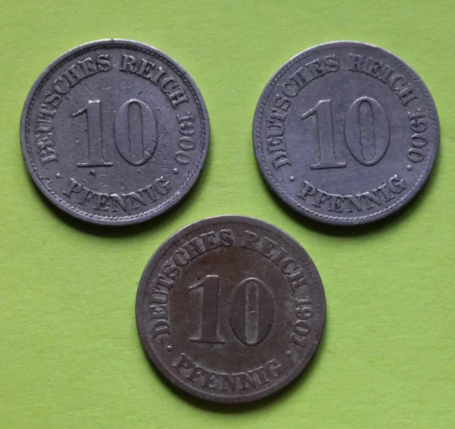 Lot Münzen Deutsches Reich 3 x 10 Pfennig 1900 A, E  1901 D, Kaiserreich