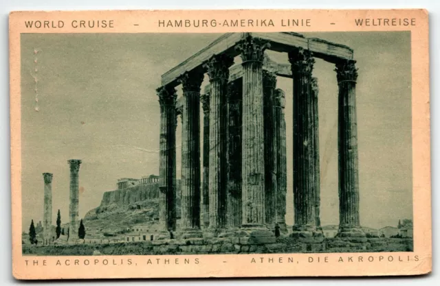 World Cruise Postcard Hamburg Amerika Linie Acropolis Athens Greece PM 1928