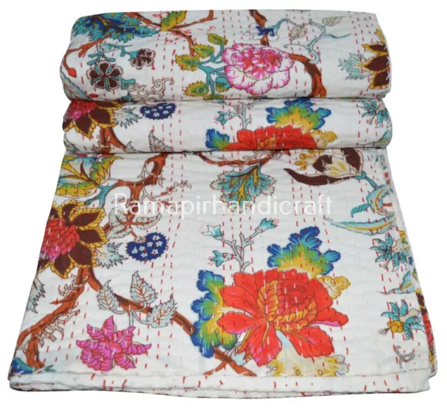 Edredón Kantha indio con estampado floral, manta hecha a mano, ropa de cama...
