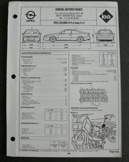 Fiche technique automobile OPEL CALIBRA 16 V et turbo 4x4