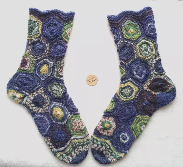 Sechseck Socken,Wollsocken handgestrickt,Patchwork, Gr. 40/41 aus Opal Hundertw.