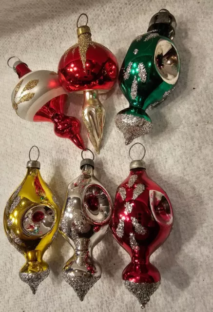 6 Vtg Mini Blown Glass Finial Triple Indent Feather Tree Christmas Ornaments