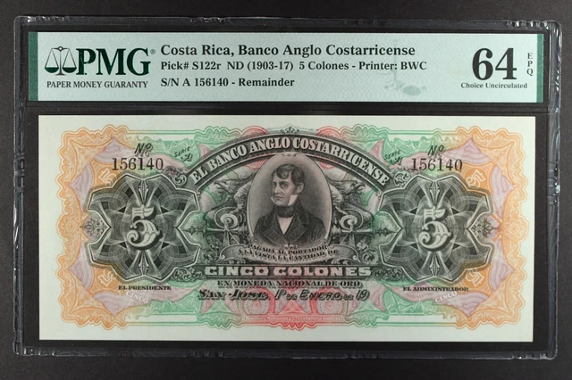 1903-17 COSTA RICA 5 COLONES BANCO ANGLO-COSTARRICENSE  #S122r PMG CH UNC 64 EPQ