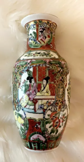 Chinese Rose Medallion Hand Painted Porcelain Vase 8"h x 4"w Beautiful