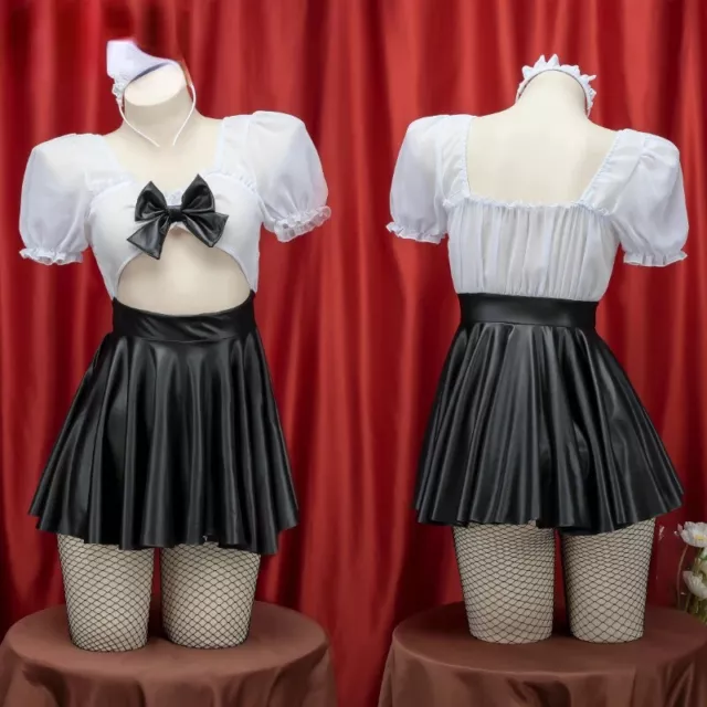 Sexy Cosplay Maid Uniform Hollow Out Big Bow Chiffon Dress Lingerie Outfits