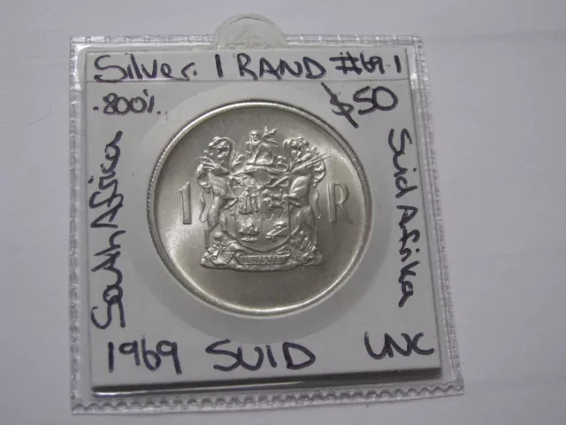 1969 South Africa 1 Rand Silver .800 coin "Suid Afrika"  #69