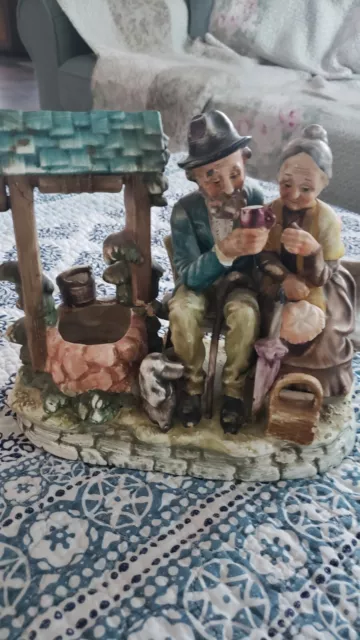 1950's Vintage Norleans Japan Ceramic Elderly Couple By A Well Figurine