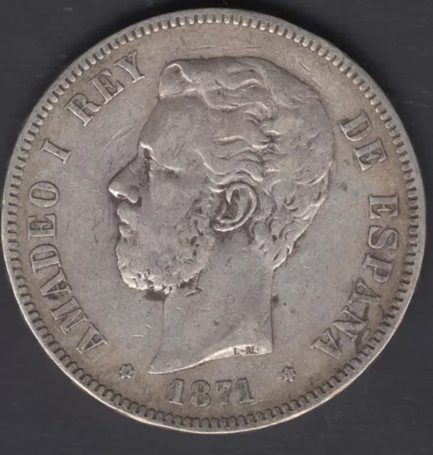 Spain Currency 5 Pesetas, Amadeo I 1871 18