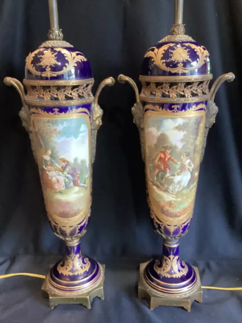 Pair Antique 30” French Sevres Cobalt Blu Bronze Porcelain Urn Vase Lamps Signed
