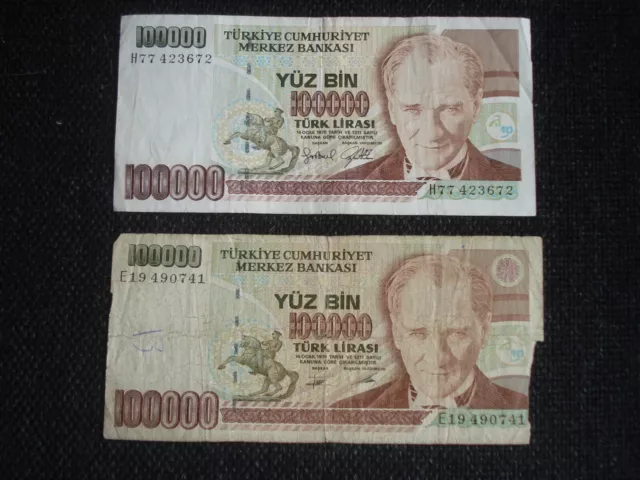 2 Used 100,000 Lirasi Banknotes Turkey