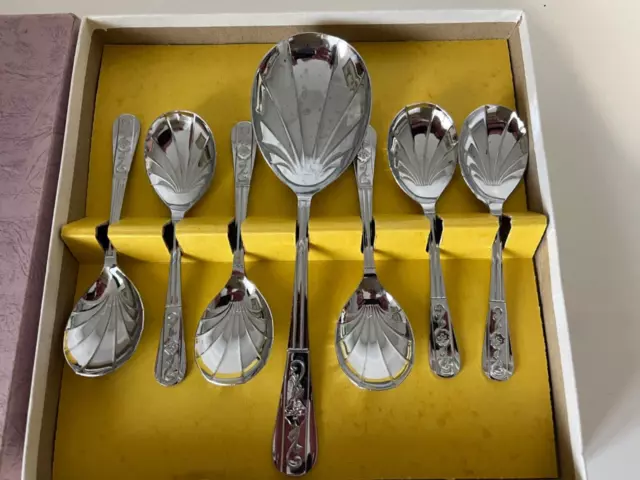 Vintage Boxed Deco Stainless Chrome Plate Sheffield Fluted Spoons 2