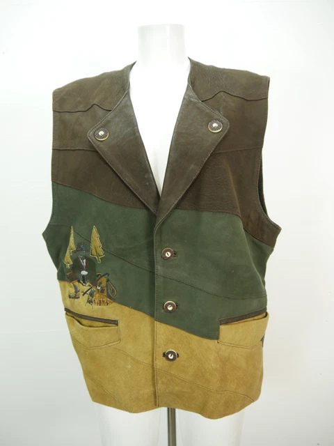 Echtes Leder braun mit Wanderstickerei klasse Herren Weste Trachtenweste Gr.52
