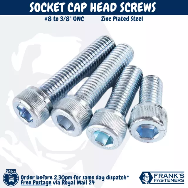 #8 #10 1/4" 5/16" 3/8" Unc Socket Cap Head Screw Bolt Zinc Plated Steel Bzp