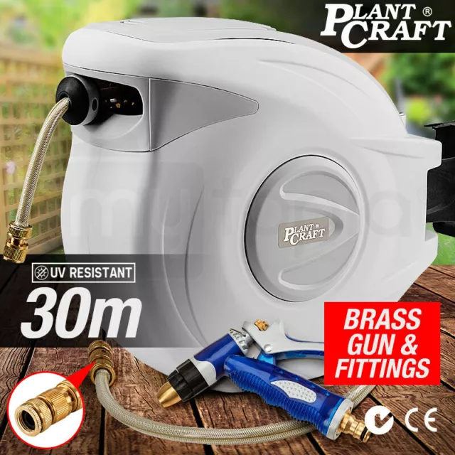 PLANTCRAFT 30M Retractable Garden Water Hose Reel Brass Wall Mount Gun Rewind