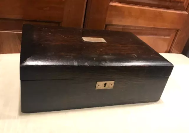 Vintage 12"x4"x8"  Mahogany Humidor Box Desk Wood Cigar ? Chrome metal  inside