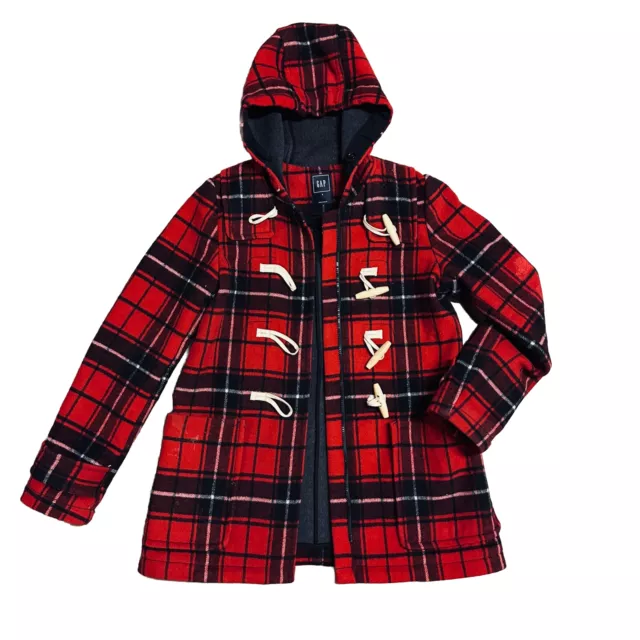 GAP Toggle Red Plaid wool blend Coat Size Hooded Mid Length Coat Small