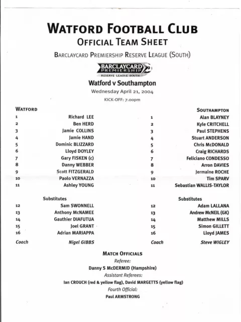 Watford v Southampton - 2004-05 FA Premier Reserve League - Teamsheet