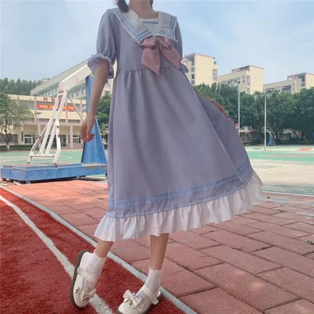 Donna Ragazza Kawaii Fiocco Abito Giapponese Lolita Stile Preppy Sailor Colletto