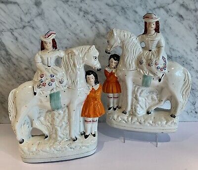 Pair Staffordshire Equestrian Girls with Small Boy 12" 19thC