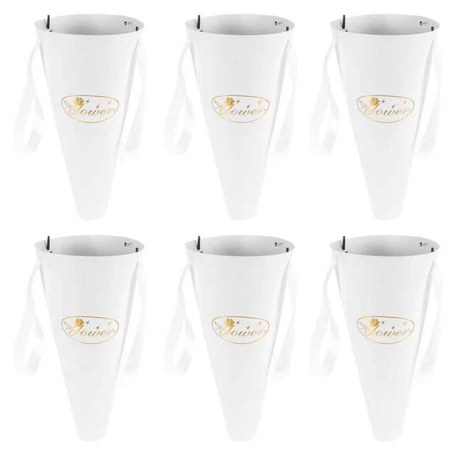 6 Pcs White Pearl Paper Hand Bouquet Bag Sweet Cones Metal Jug Hanging Vase