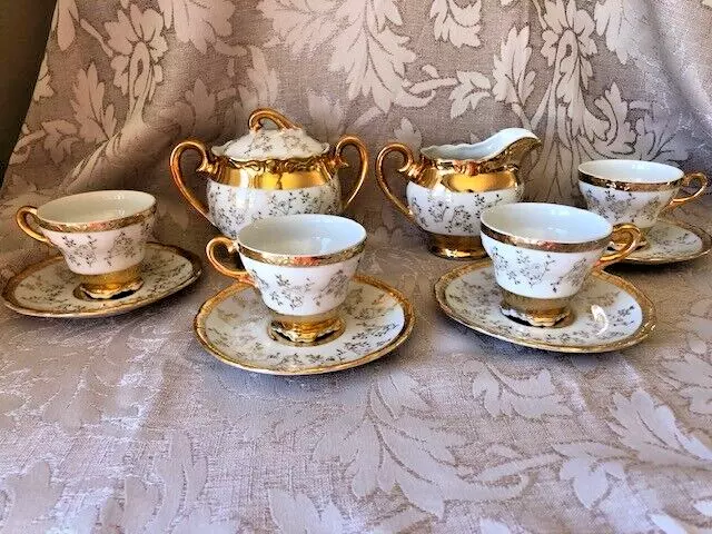 Vintage Demitasse/Tea Set Sterling China Japan Gold Floral Design  11 Piece Set