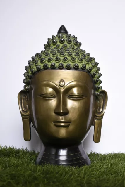 38.1cm Cabeza de Buda Estatua Tallado a Mano Bronce Acabado Vintage Buda Busto