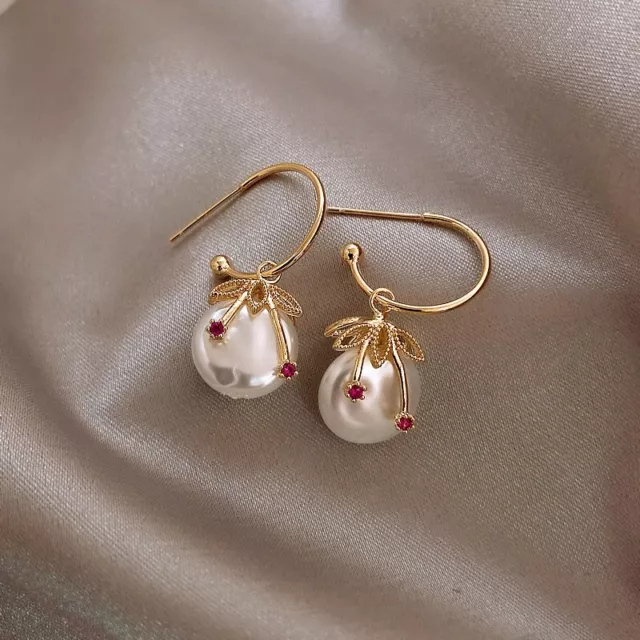 GOLD PLATED PEARL Cherry Hoop Earrings Leaves Drop Dangle Ear Stud ...