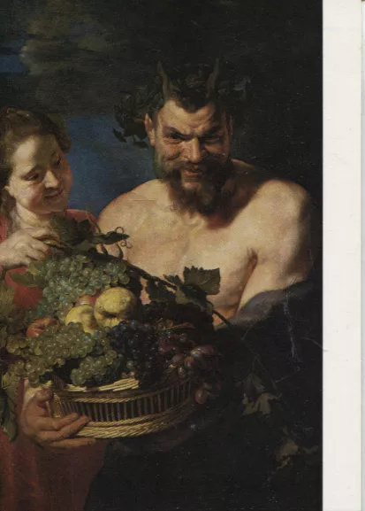 Alte Kunstpostkarte - Peter Paul Rubens - Satyr und Mädchen mit Früchtekorb