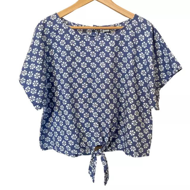 NWT GAP Linen Cotton Blend Tie-Front Blue Floral Ditsy Print Top Women sz L 90s