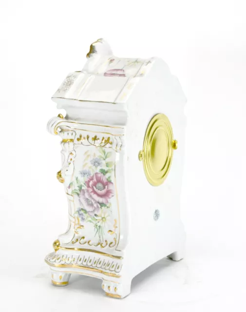 Ansonia Style Visible Escapement Floral 24K White Porcelain Mantle Clock 3