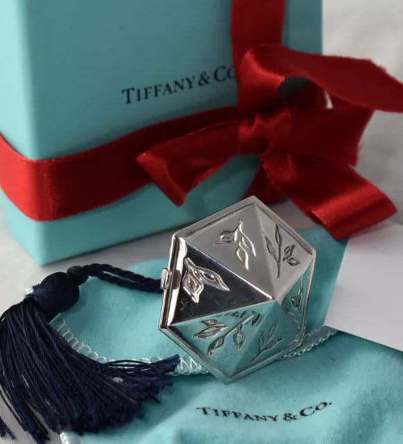 Tiffany Co Sterling Silver Hinge Pill Box Christmas Ornament Chased Tassle