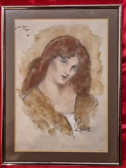 Late 19th Century Pre-Raphealite Portrait Drawing Watercolour Jane Morris?