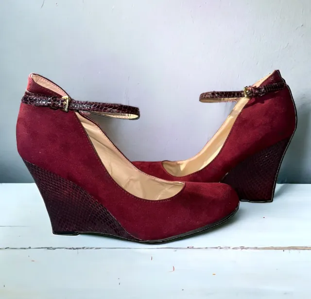 NINE WEST Sweet Clo Red Burgandy Leather Suede Strap Wedge Heels Shoes SZ 7.5
