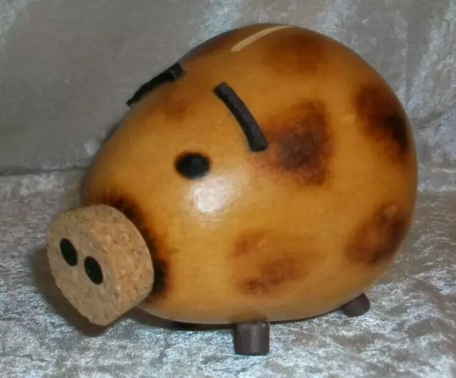 Mexican Folk Art Spotted Potbelly Pig Dried Gourd Coin Still Piggy Bank Figurine