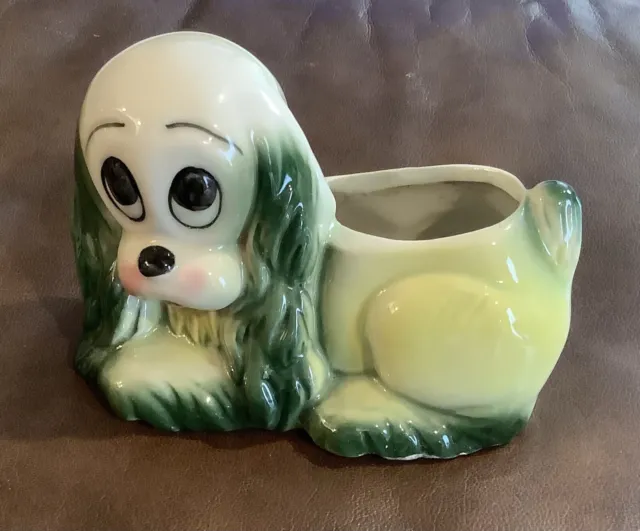 Vintage MCM Ceramic Puppy Dog Planter Big Eyed Cocker Spaniel Gr Yel 3.5x5.5