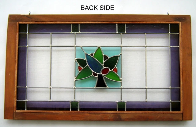 large leaded framed stained glass panel transom*antique wooden window decor art 3