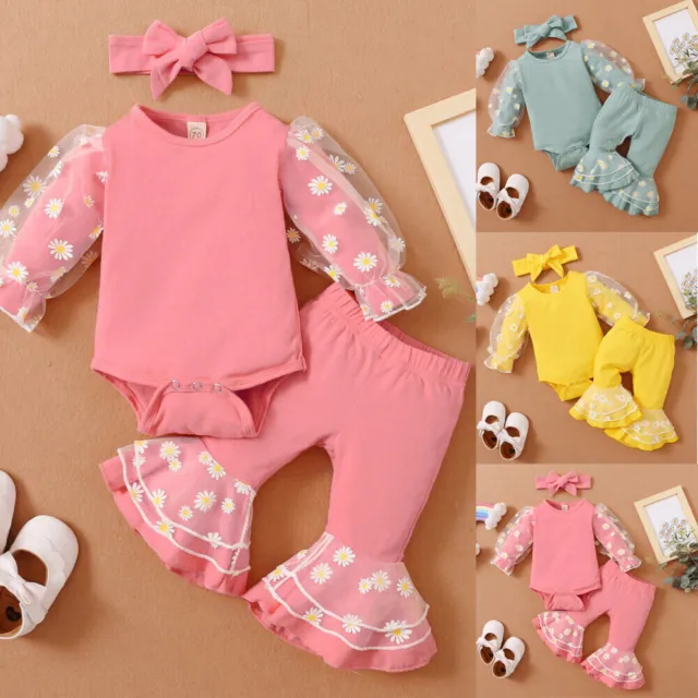 Newborn Baby Girls Bodysuit Clothes Pants Floral Romper Top Headband Outfits Set